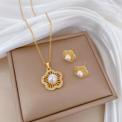 Цветок Латунное микропаве из кубических цирконий с пластиковым жемчугом, подвеска и серьги-гвоздики, колье-цепочка из нержавеющей стали, золотые, цветок, 400 мм