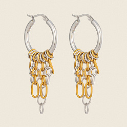 Plaqué 18k Or Véritable & Couleur Acier Inoxydable Boucles d'oreilles créoles à pompons en acier inoxydable pour femmes, plaqué or véritable et couleur acier inoxydable, 304mm