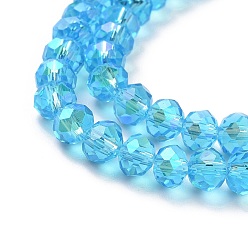 Deep Sky Blue Electroplate Glass Beads Strands, Half Rainbow Plated, Faceted, Rondelle, Deep Sky Blue, 4x3mm, Hole: 0.4mm, about 123~127pcs/strand, 16.5~16.9 inch(42~43cm)