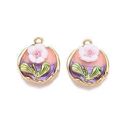 Белый Стойки обшивки сплава эмали подвески, cmолой, без кадмия, без никеля и без свинца, золотой свет, плоская круглая с подвеской в виде цветка, белые, 23.5x19.5x5.5~6.5 мм, отверстие : 2 мм