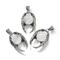 Хрусталь Круглые подвески из натуральных кристаллов кварца, антикварные посеребренные латунные подвески в виде крыльев ангела, стойки покрытие, без свинца и без кадмия, 31~32x17.5~19x12.5~14 мм, отверстие : 5.5x3.5 мм