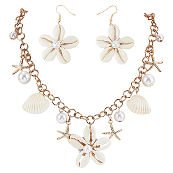 (52) Непрозрачная лаванда Комплекты украшений: серьги-подвески ручной работы из тростника/ротанга и железные браслеты-цепочки «Роло», с каури, Стеклянные жемчужные бусины, разноцветные, 59x39 мм, 1 пара