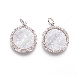 Платина Латунные подвески, с микро проложить кубического циркония, раковины и прыжковые кольца, плоские круглые с святым Бенедиктом, прозрачные, платина, 18x15x3 мм, отверстие : 3 мм