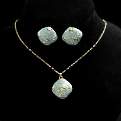 Светло-голубой Комплекты из эмалевых ожерелий и серег-гвоздиков с ромбовидной формой, золотые, светло-голубой, 450 мм