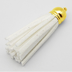 White Golden Brass Suede Tassels for Cell Phone Straps Making, White, 55~65x12mm, Hole: 1.5mm