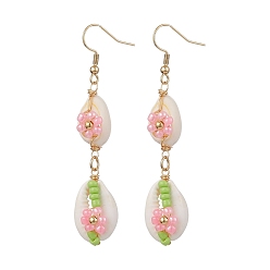 Pink Серьги-подвески в виде цветка ракушки каури, с бисером и 304 крючками из нержавеющей стали, золотые, розовые, 70x14~15.5 мм