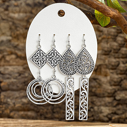Античное Серебро 4 Парные серьги-подвески из цинкового сплава, каплевидный, плоский, круглый, ромб и прямоугольник, античное серебро, 32~53x9~22 мм
