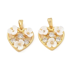 Real 18K Gold Plated Brass Micro Pave Clear Cubic Zirconia Pendants, with Resin, Heart with Flower Charms, Real 18K Gold Plated, 15.5x16x6.5mm, Hole: 4.5x2.5mm