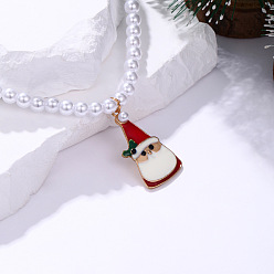 Santa Claus Рождественские ожерелья с подвесками из эмалевого сплава, белые круглые бусины из искусственного жемчуга, золотые, белые, красный и зеленый, Дед Мороз, 15.75 дюйм (40 см), Кулон : 25 мм