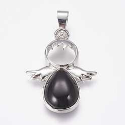 Black Agate Natural Black Agate Pendants, Angel, with Brass Finding, Platinum, 34x25.5x4.5~6.5mm, Hole: 4~5x7mm