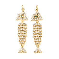 Verde Micro latón allanan colgantes cúbicos del zirconia, encantos de pescado, sin plomo y cadmio, chapado en rack, larga duración plateado, dorado, verde, 42x8x2 mm, agujero: 3 mm