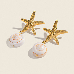 Настоящее золото 18K 304 серьги-гвоздики в форме морской звезды и ракушки из нержавеющей стали, реальный 18 k позолоченный, 57x20 мм
