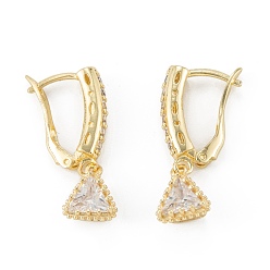 Oro Pendientes de aro de latón con micro circonitas y cubic zirconia transparente, triángulo, larga duración plateado, dorado, 28 mm, pin: 1 mm