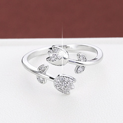 Silver Brass Micro Pave Cubic Zirconia Cuff Open Rings for Women, Flower, Silver, 15~20mm