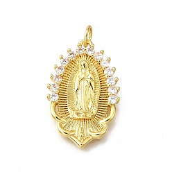 Настоящее золото 18K Латунные микропаве прозрачные подвески с фианитом, овал с подвесками в виде Девы Марии, без свинца и без кадмия, стойки покрытие, долговечный, с целью перехода в кольце, реальный 18 k позолоченный, 25.5x16.5x2.5 мм, отверстие : 3.4 мм