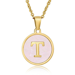 Letter T Natural Shell Initial Letter Pendant Necklace, with Golden Stainless Steel Cable Chains, Letter T, 17.72 inch(45cm)