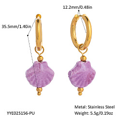 Shell Shape 304 Stainless Steel Hoop Earrings, Handmade Procelain Dangle Earrings for Women, Golden, Shell Shape, 35.5mm