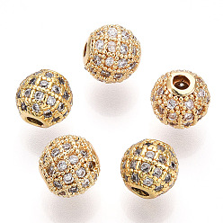 Golden Rack Plating Brass Cubic Zirconia Beads, Long-Lasting Plated, Round, Golden, 8x7mm, Hole: 2mm