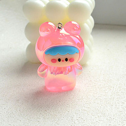 Pink Luminous UV Plating Acrylic Cartoon Frog Pendant, Iridescent, Pink, 51.7x36x33.4mm