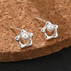 Серебро 925 стерлингового серебра серьги стержня, с пластиковой имитационной жемчужиной, цветок, серебряные, 7.5x7.5 мм