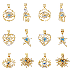 Золотой 12 шт 6 стили латунные подвески из микропаве с фианитом, очарование темы сглаза, сердце/звезда/солнце, золотые, 21~26x11.5~18x2.5~4.5 мм, отверстие : 5x3 мм, 2 шт / стиль