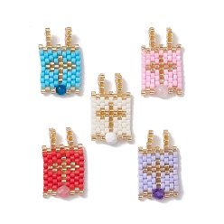 Cross Glass Seed Beaded Pendants, with Natural Gemstone Beads, Rectangle, Cross, 25x15x4mm, Hole: 3mm