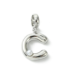 Letter C Покрытие стойки латунь с АБС-пластиком жемчуг европейские подвески, Подвески с большими отверстиями, долговечный, без свинца и без кадмия, платина, буква С, 23 мм длиной, отверстие : 5 мм, Кулон : 15x12x5 мм
