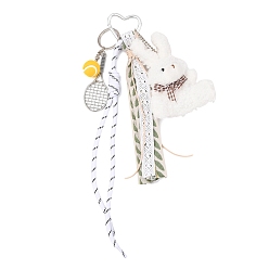 Белый Подвеска в виде теннисной ракетки из полиэфирной веревки и сплава и плюшевого кролика, с алюминиевыми застежками-сердечками для ключей, белые, 330 мм