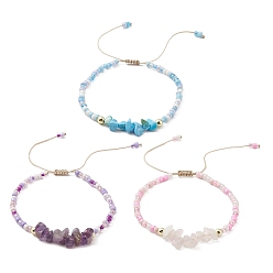 Смешанные камни 3 шт. 3 стиль, наборы браслетов из натуральных смешанных драгоценных камней и стеклянных семян, плетеных бусин, нейлоновые регулируемые браслеты, внутренний диаметр: 2 дюйм (5 см), 1 шт / стиль