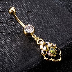 Olivgrün Umweltfreundlicher Nabelring aus Zirkonoxid aus Messing, Bauchringe, mit chirurgischem Edelstahlstab, echt 18 k vergoldet, olivgrün, 47x14 mm, Stangenlänge: 3/8"(10mm), Stange: 14 Spurweite(1.6mm)