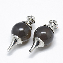 Серый агат Природные серые агаты подвески, с платиновым тоном латуни и железными двойными петлями, маятник, 40.5x18 мм, отверстие : 6 мм