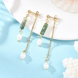 Agate Mousse 304 boucles d'oreille en acier inoxydable, colonne, Boucles d'oreilles pendantes en agate mousse naturelle et perle naturelle pour femmes, or, 63x4.5mm