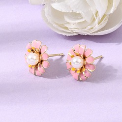 Pink Boucles d'oreille en laiton émaillé, fleur, avec des perles en plastique abs, sans plomb et sans cadmium, crémaillère plaquage, plaqué longue durée, réel 18 k plaqué or, rose, 13.5~14mm