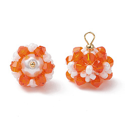 Оранжевый Стеклянные подвески, цветок, со стеклянными бусинами и латунной петлей, граненые, оранжевые, 17.5x16 мм, отверстие : 2.3 мм