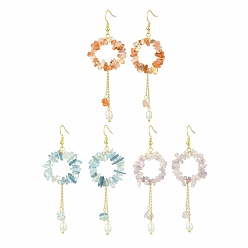 Смешанные камни 3 пары 3 серег с подвесками из натурального смешанного камня и латуни, с бусинами из пресноводного жемчуга-ракушки, золотые, 80x29 мм, 1 пара / стиль