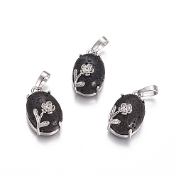Лавовый камень Подвески из натуральной лавы, с латунной фурнитурой платинового цвета, овальные с цветком, 22x13.8x10.3 мм, отверстие : 6x3.5 мм