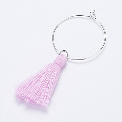 Pink Cotton Thread Tassels Wine Glass Charms, with Brass Rings Hoop Earrings, Silver Color Plated, Pink, 60mm
