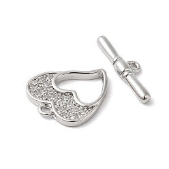 Real Platinum Plated Brass Micro Pave Clear Cubic Zirconia Toggle Clasps, Heart, Real Platinum Plated, Heart: 16x14x2mm, Hole: 1.4mm, Bar: 18.5x5x3mm, Hole: 1.4mm