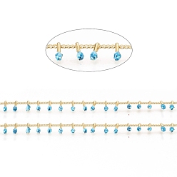 Sky Blue Brass Handmade Beaded Chain, Curb Chains, with Enamel, Long-Lasting Plated, Real 18K Gold Plated Unwelded, with Spool, Sky Blue, 2x1.5x0.8mm, Charm: 6x2x2mm, about 32.8 Feet(10m)/roll