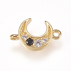Golden Brass Micro Pave Cubic Zirconia Links, Cadmium Free & Lead Free, Moon, Black, Golden, 10x6x1.5mm, Hole: 0.8mm