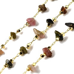 Турмалин Цепочки ручной работы из натуральных разноцветных бусин турмалина, пайки, с реечной обшивкой латунными выводами, долговечный, без свинца и без кадмия, с катушкой, реальный 18 k позолоченный, 3~8x2~4x3~4 мм