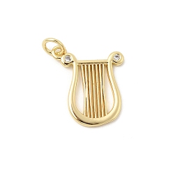 Настоящее золото 18K Латунные микропаве прозрачные подвески с фианитом, арфовый кулон, без свинца и без кадмия, долговечный, стойки покрытие, реальный 18 k позолоченный, 18.5x15x1.5 мм, отверстие : 3 мм