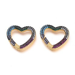 Colorful Brass Micro Pave Cubic Zirconia Spring Gate Rings, Heart, Golden, Colorful, 20.5x22.5x3mm, Inner diameter: 11.5x11.5mm