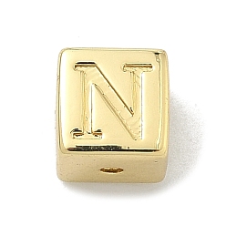 Letter N Латунные бусины, без кадмия и без свинца, долговечный, стойки покрытие, кубические, реальный 18 k позолоченный, Письмо N, 6x6x6 мм, отверстие : 1.8 мм