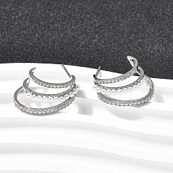 Платина Серьги-гвоздики в форме буквы С из латуни с микропаве из прозрачных кубических цирконий, с абс пластмассовыми жемчужными бисером, стойки покрытие, долговечный, без кадмия и без свинца, платина, 24x10.5 мм