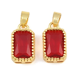 Red Brass & Glass Pendants, Faceted Rectangle Charm, Long-Lasting Plated, Rack Plating, Cadmium Free & Lead Free, Golden, Red, 17x10x6mm, Hole: 6x3.5mm