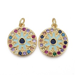 Настоящее золото 18K Латунные микро-паве красочные кубические циркониевые подвески, с эмалью и кольцами для прыжков, долговечный, плоские круглые с цветком, реальный 18 k позолоченный, 19x16x2.5 мм, отверстие : 3 мм