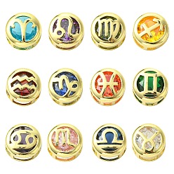 (52) Непрозрачная лаванда Латунные микро проложить кубических циркония шарики прокладки, плоский круг с двенадцатью созвездиями, золотые, разноцветные, 11x7 мм, отверстие : 5x3 мм