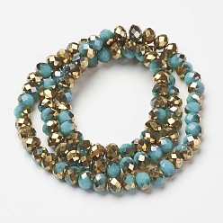 Deep Sky Blue Electroplate Opaque Glass Beads Strands, Half Golden Plated, Faceted, Rondelle, Deep Sky Blue, 8x6mm, Hole: 1mm, about 72pcs/strand, 16.14 inch(41cm)