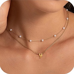 Letter Y 2 шт. 304 двухслойные ожерелья с подвеской в виде буквы из нержавеющей стали и белого пластика с имитацией жемчуга, золотые, Письмо Y, 17.72 дюйм (45 см)